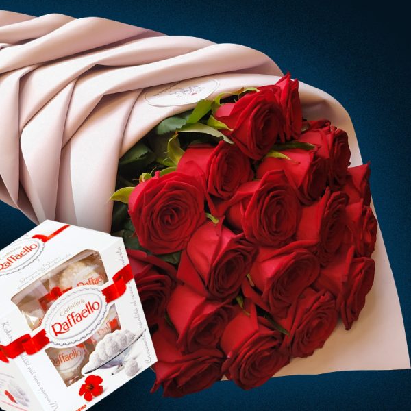 Букет из 19 красных роз 70 см + Конфеты